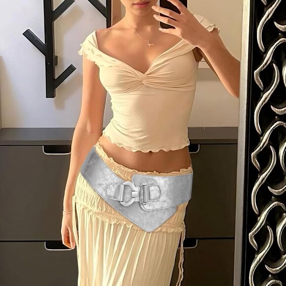 Women\'s Wide Elastic Stretch Waist Belt Adjustable Dress Belt Matte Silver Grey main image 6